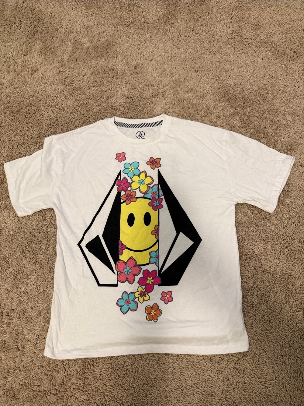 Volcom White Tee with Yellow Smiley and Multicolor Floral Graphic size 10/12
